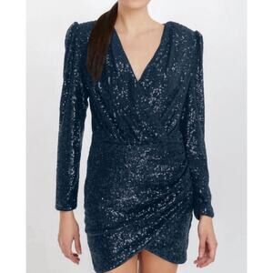 Generation Love Sequin Mini Dress Surplice Neck Long Sleeve Faux Wrap Blue XS